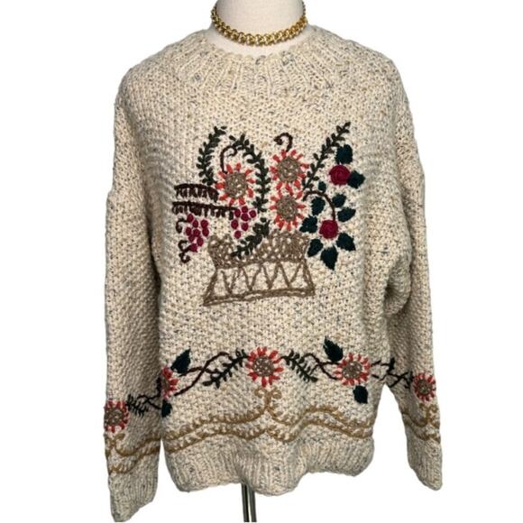 Vintage Express chunky hand knit wool blend floral embroidered sweater size S - Picture 1 of 6